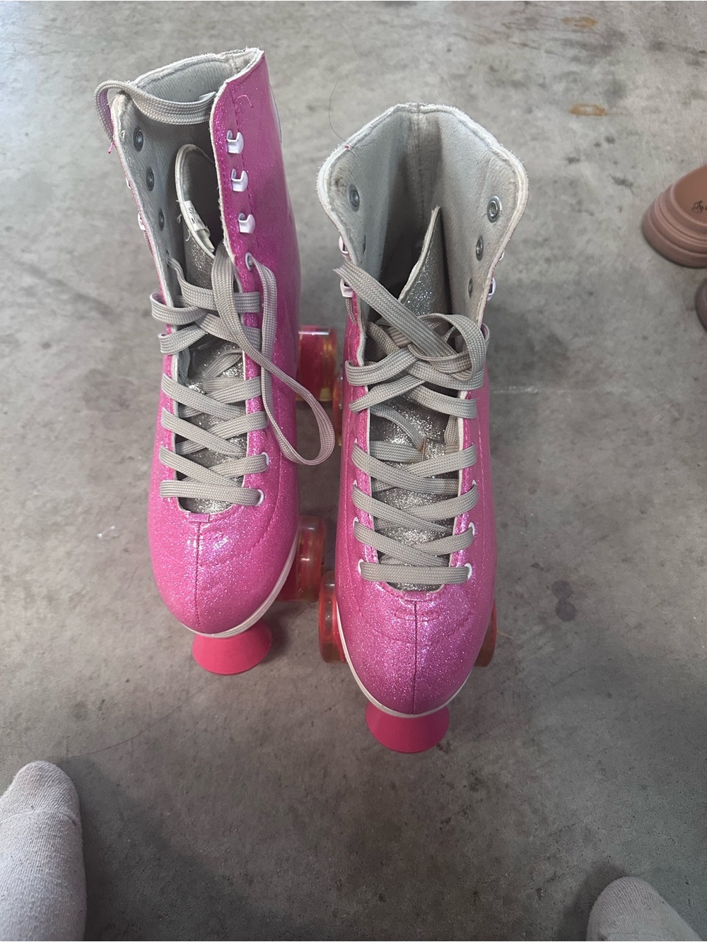 Pink Glitter Roller Skate Boots with Beige Laces